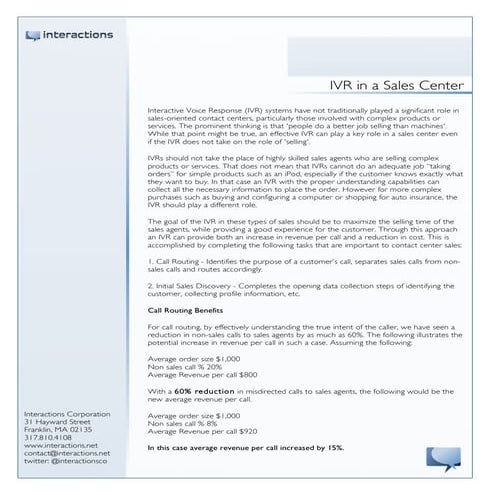 IVR in a Sales Center
