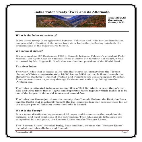 Indus Water Treaty and its aftermath
