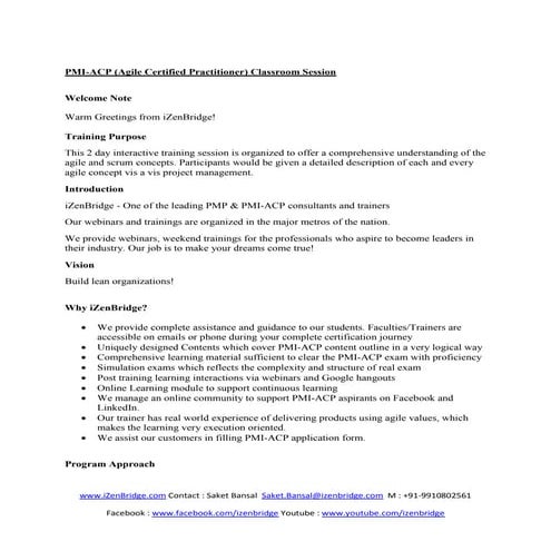 PMI ACP | Agile Classroom Training Program | iZenBridge Consultancy Private L...