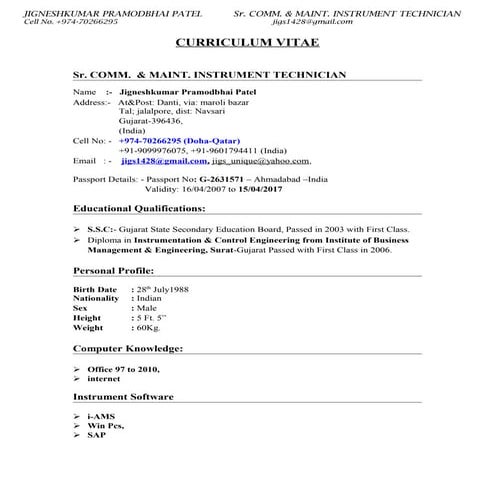 Sr. Instrument Commissioning & Maintenance Technician