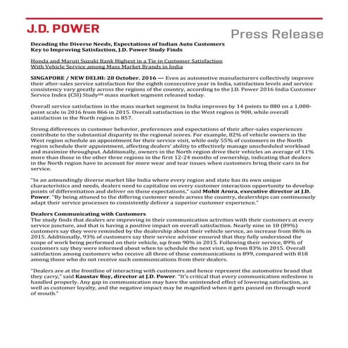 J.D. POWER INDIA CSI STUDY 2016 - Press Release