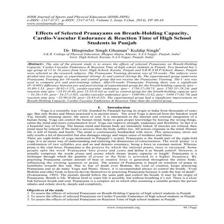 Effects of Selected Pranayams on Breath-Holding Capacity, Cardio-Vascular End...