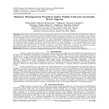 Disaster Management Practices Infive Public Libraries In SouthWest, Nigeria