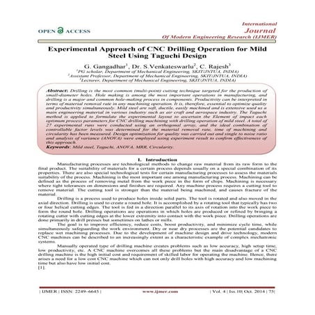 Experimental Approach of CNC Drilling Operation for Mild  Steel Using Taguchi...