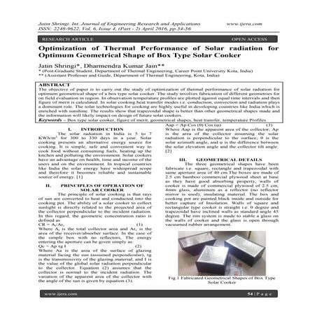 Optimization of Thermal Performance of Solar radiation for Optimum Geometrica...