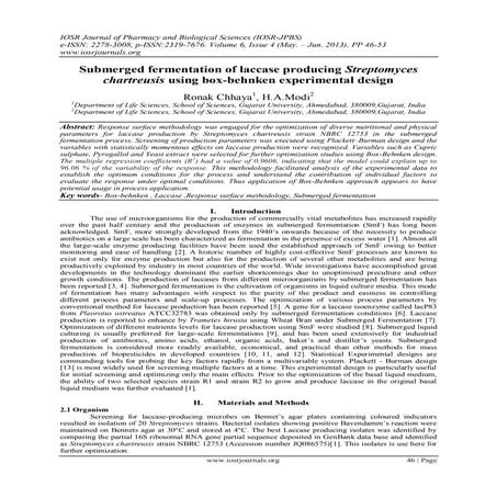 Submerged fermentation of laccase producing Streptomyces chartreusis using bo...