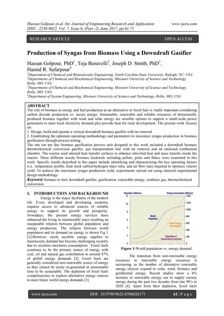 Production of Syngas from Biomass Using a Downdraft Gasifier