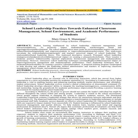 School Leadership Practices Towards Enhanced Classroom Management, School Env...