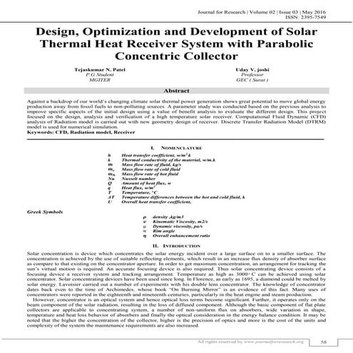 DESIGN, OPTIMIZATION AND DEVELOPMENT OF SOLAR THERMAL HEAT RECEIVER SYSTEM WI...