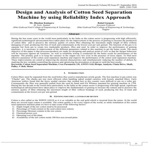 DESIGN AND ANALYSIS OF COTTON SEED SEPARATION MACHINE BY USING RELIABILITY IN...