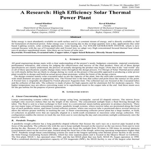 A RESEARCH: HIGH EFFICIENCY SOLAR THERMAL POWER PLANT