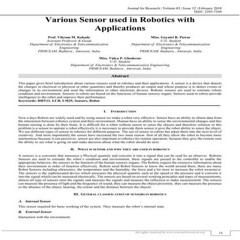 VARIOUS SENSOR USED IN ROBOTICS WITH APPLICATIONS | J4RV3I12003