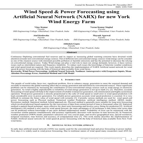 WIND SPEED & POWER FORECASTING USING ARTIFICIAL NEURAL NETWORK (NARX) FOR NEW...