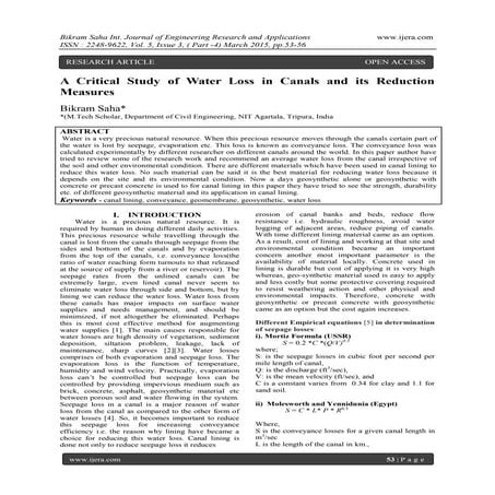 A Critical Study of Water Loss in Canals and its Reduction Measures