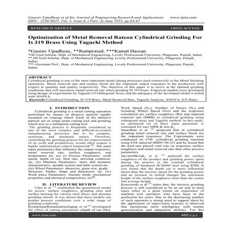 Optimization of Metal Removal Rateon Cylindrical Grinding For Is 319 Brass Us...