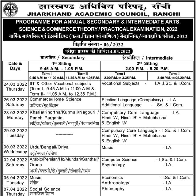 JAC Exam Time Table 2022 Released | PDF