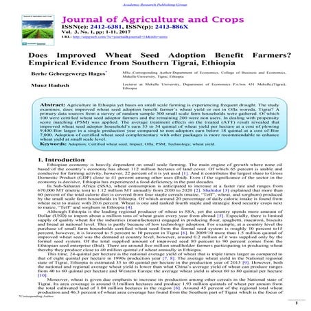 Does Improved Wheat Seed Adoption Benefit Farmers? Empirical Evidence from So...