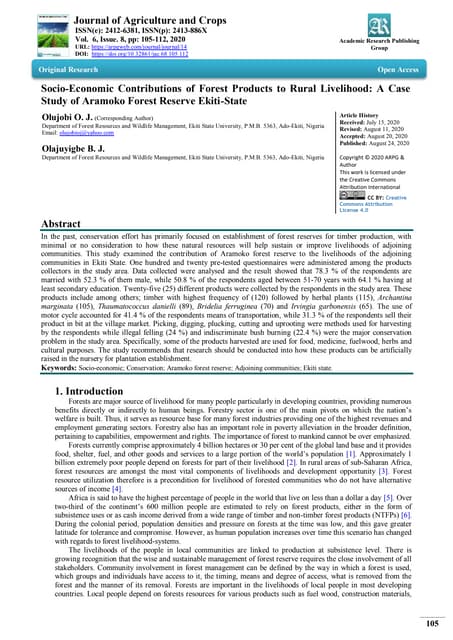 Socio-Economic Contributions of Forest Products to Rural Livelihood: A Case Study of Aramoko Forest Reserve Ekiti-State