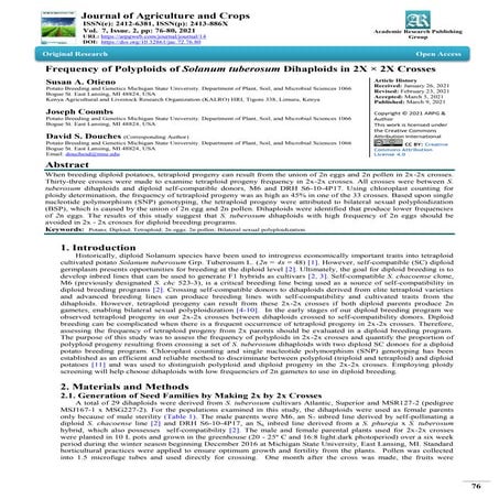 Frequency of Polyploids of Solanum tuberosum Dihaploids in 2X × 2X Crosses