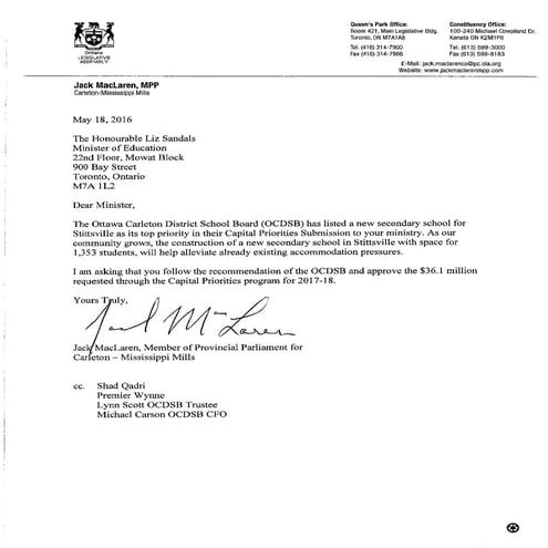 MPP Jack Maclaren letter supporting a Stittsville Public High School
