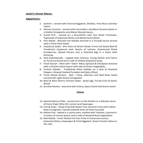 Jacko's street english menu