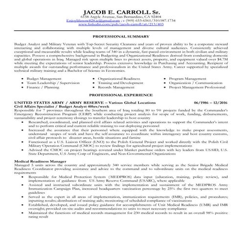 Resume for Jacob E Carroll, Sr., PMP, Army Veteran, Budget Analyst ...