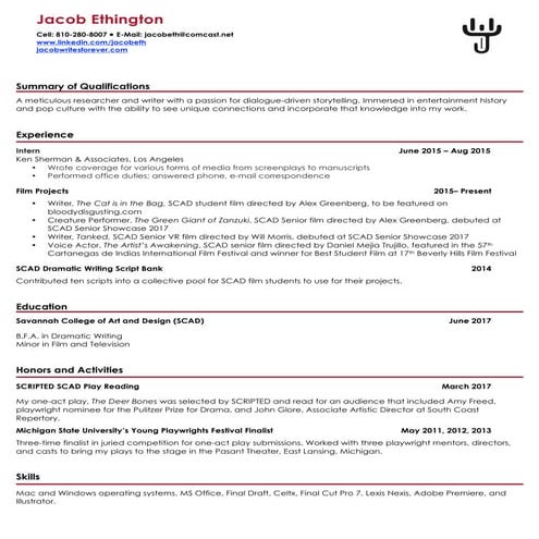 Jacob Ethington Resume Spring 2018 | PDF