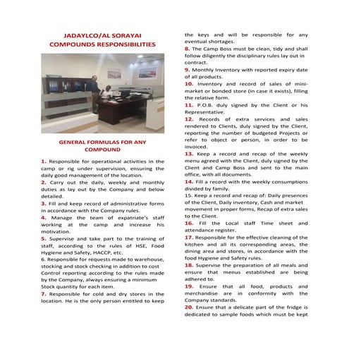 Jadaylco Camp & Al Sorayai Compounds Responsibilities