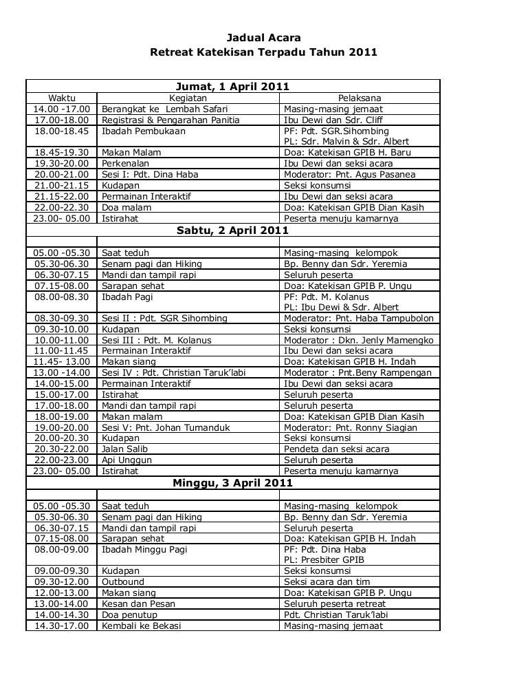 Jadual acara retreat terpadu tahun 2011