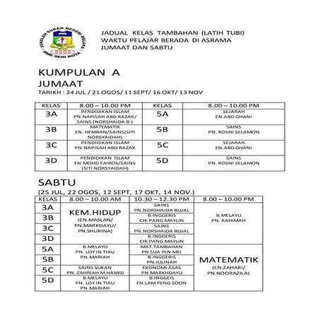 Jadual  kelas  tambahan waktu pelajar berada di asrama 