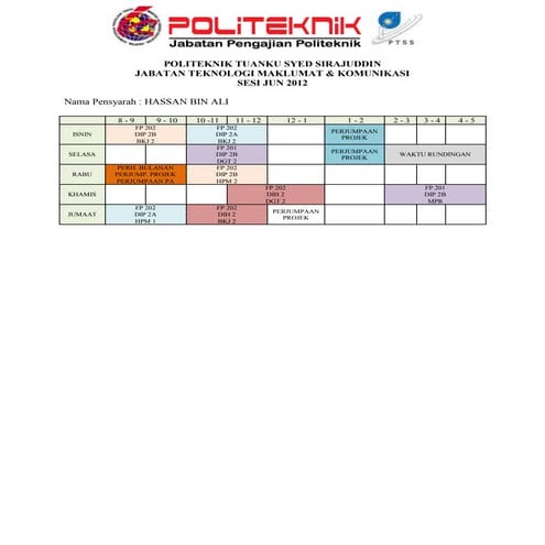 Jadual Waktu Sesi JUN 2012