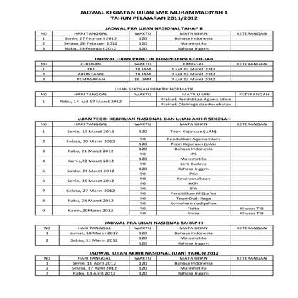 Jadwal kegiatan ujian smk muhammadiyah 1
