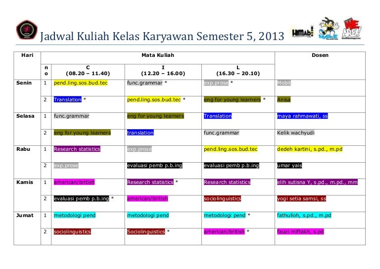 Jadwal Kuliah Kelas Karyawan Semester 5 S1 Pendidikan