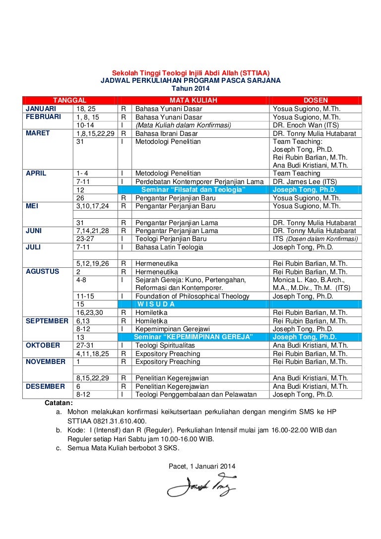 Jadwal kuliah S2 2014