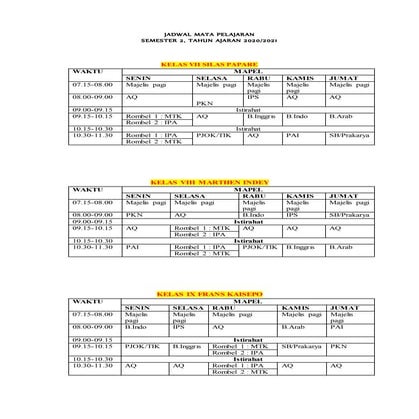 Jadwal mata pelajaran semester 2
