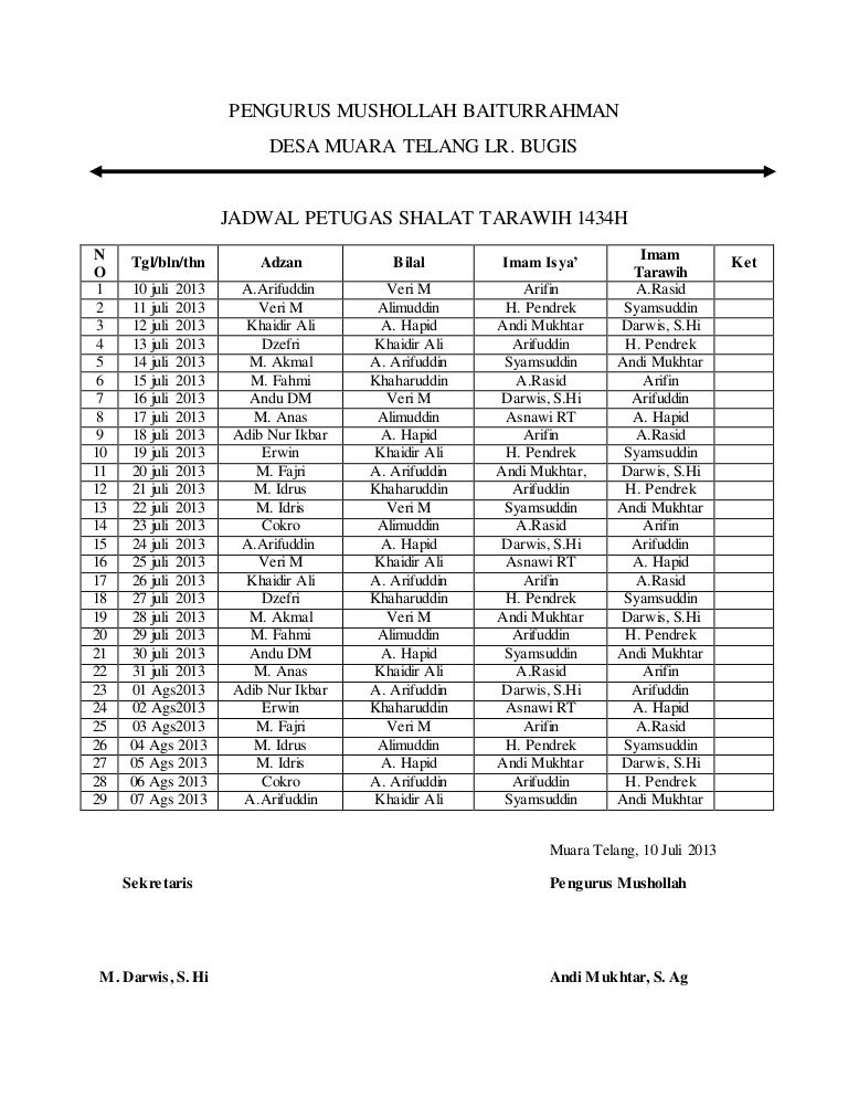 Jadwal shalat tarawih 1434 h