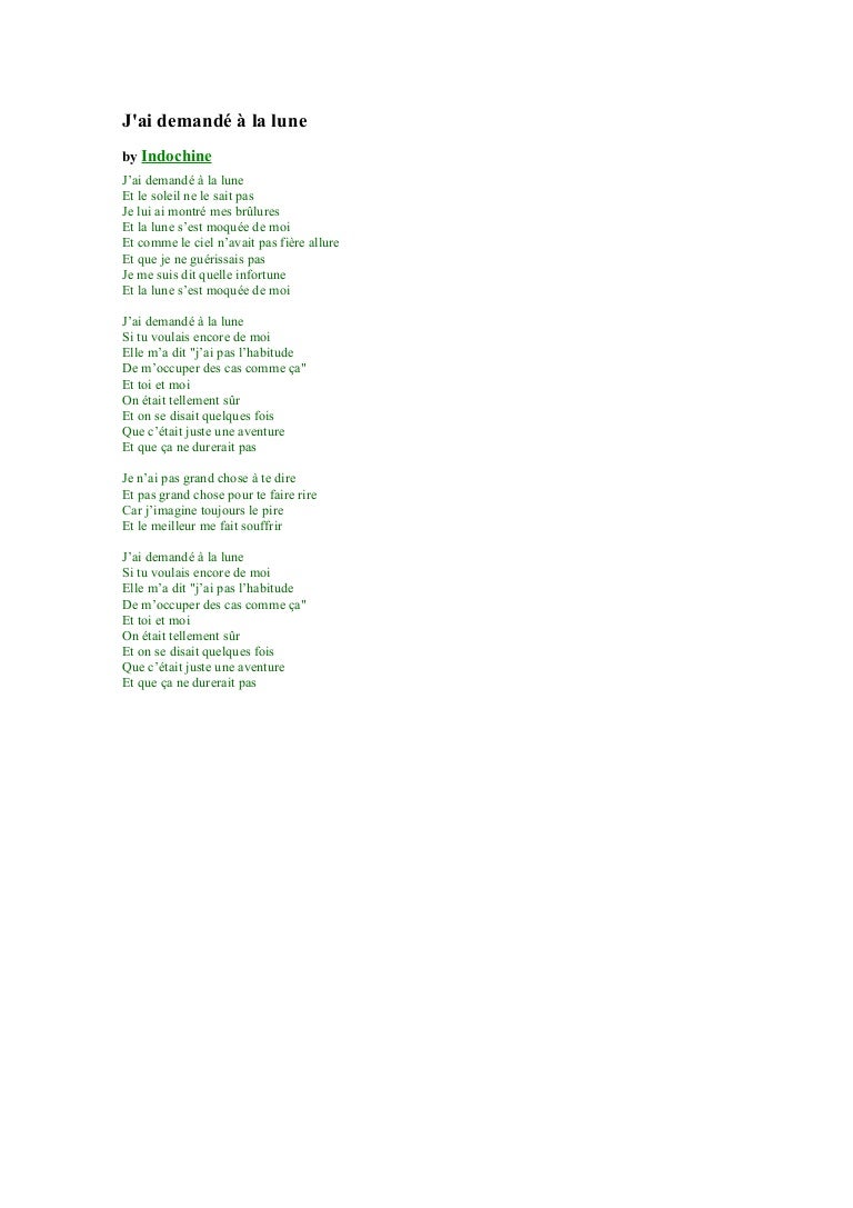 Paroles De Indochine J'ai Demandé à La Lune