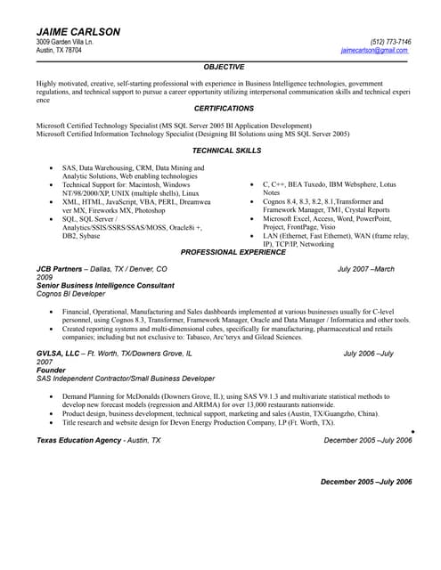 business intelligence resume