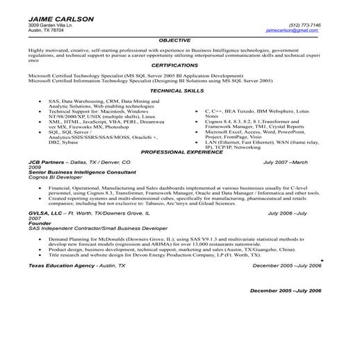 Jaime Carlson\'s BI Resume