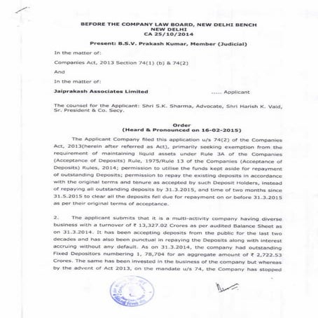 Jai prakash Associate Court Order For Fixed Deposit Repayment 