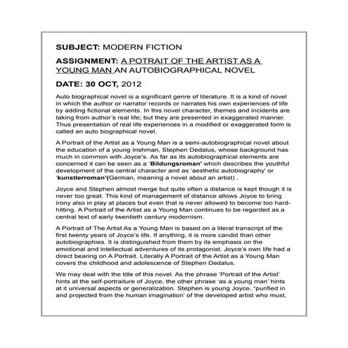 A POTRAIT OF THE ARTIST AS A YOUNG MAN AN AUTOBIOGRAPHICAL NOVEL