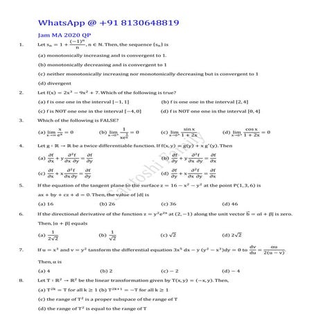 IIT Jam Mathematics 2020 Question Paper and Answer Key