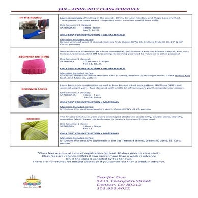 Tea For Ewe Jan-April 2017 Class Schedule