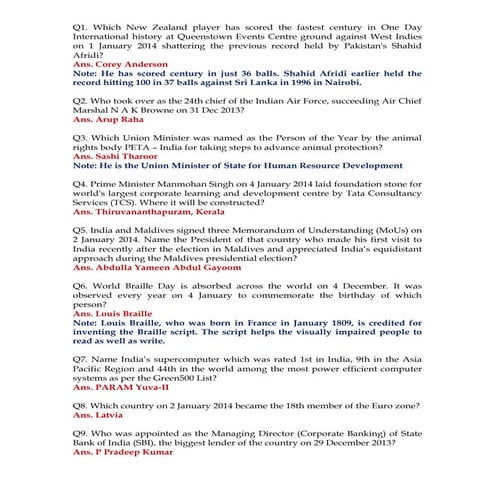 January 2014 Complete Current Affairs - including Banking and Finance