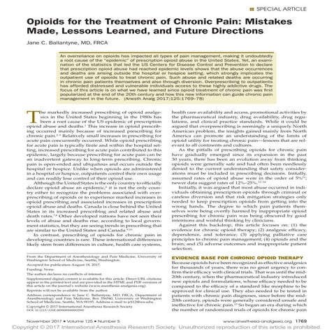 Opioids for the Treatment of Chronic Pain: Mistakes Made, Lessons Learned, an...