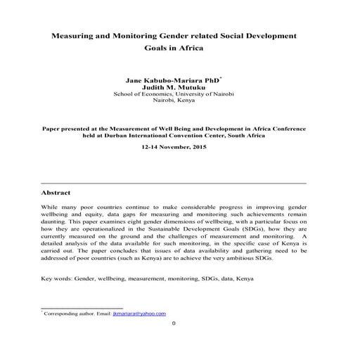 HLEG thematic workshop on Measurement of Well Being and Development in Africa, Jane Mariara Paper