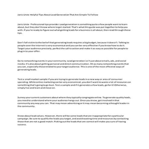 Janis urste helpful tips about lead generation that are simple to follow