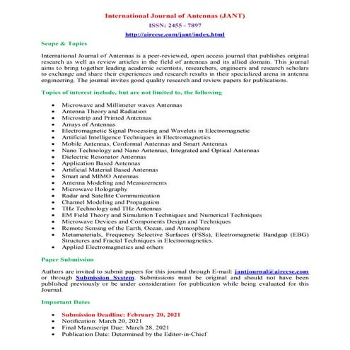 Call for Papers - International Journal of Antennas (JANT)
