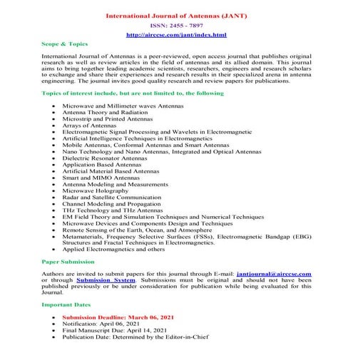 Call for Papers - International Journal of Antennas (JANT)