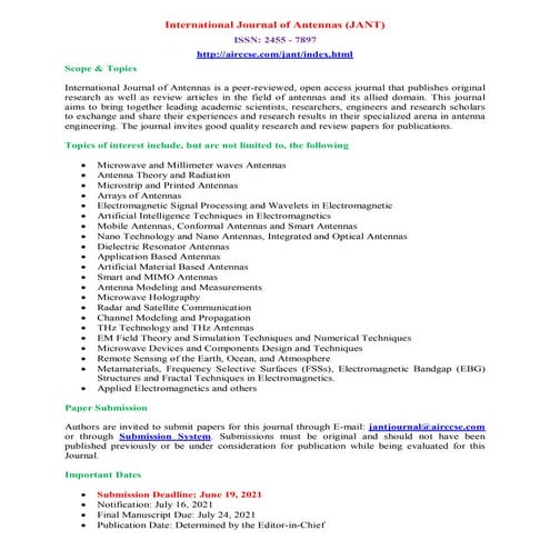 Call for Papers - International Journal of Antennas (JANT)